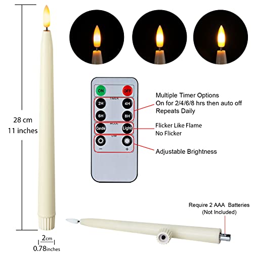 Ivory 11-Inch Flameless Waxy Taper Candles with Remote Timer & Flickering Flame Set