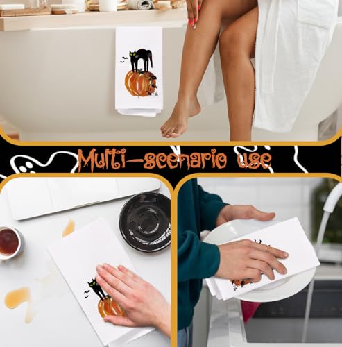 Halloween Kitchen & Bath Towels - Black Cat & Pumpkin Decor, 16x24 Inches - Fall Black Cat Variation