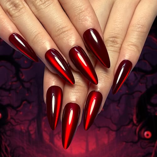 evpct 30Pcs Long Almond Dark Red Cat Eye Metallic Glitter Press-On Nails Set - 30 Ounce