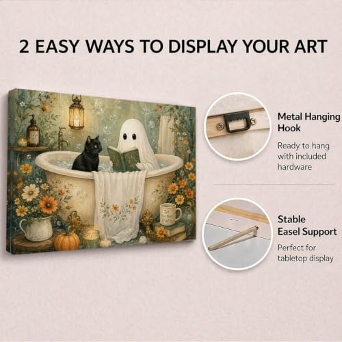 Halloween Bathroom Wall Art Decor H19 Spooky Ghost Black Cat Bathtub Canvas Wall Decoration