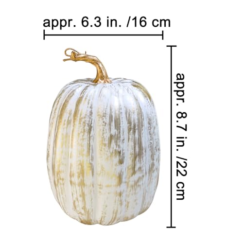Artificial Pumpkins Set - Gold Brush White Faux Fall Decor, 8.7" - Autumn Wedding & Holiday Table Centerpieces