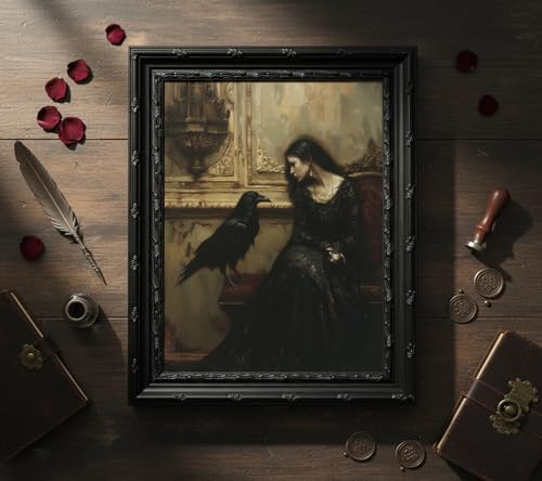Gothic Woman Wall Art Canvas - Framed Victorian Raven Artwork, 16x12in - Dark Academia Home Decor