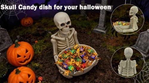Halloween Skull Candy Bowl with Handheld Skeleton Decor - 9.1 Inch