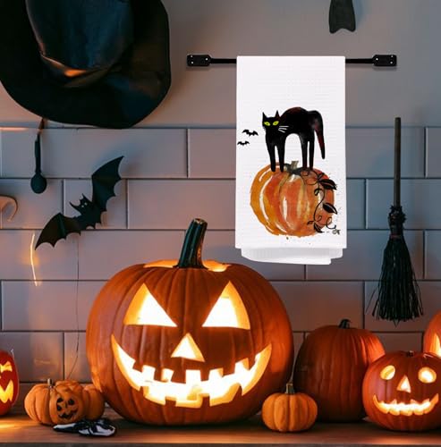 Halloween Kitchen & Bath Towels - Black Cat & Pumpkin Decor, 16x24 Inches - Fall Black Cat Variation