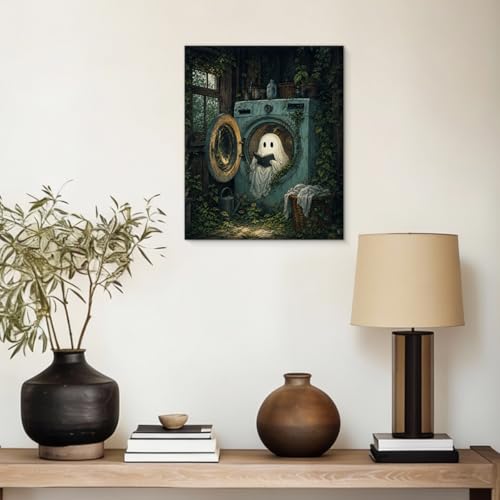 Halloween Ghost in Washing Machine Canvas Wall Art - Laundry Variation