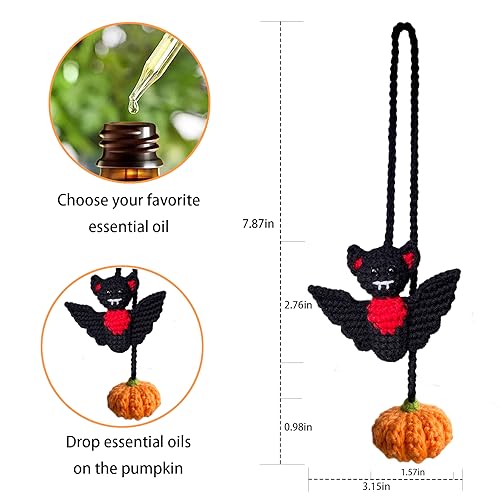 Halloween Crochet Bat & Pumpkin Car Mirror Hanging Decor - Spooky Gothic Interior Ornament