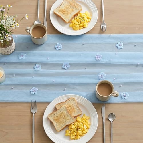 28x120 Inch Blue Flower Pearl Gauze Table Runner Set - 6 Pack for Holiday & Wedding Decor