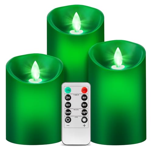 Green Flame LED Candles with Remote Control - Real Wax, Flameless, Battery Operated