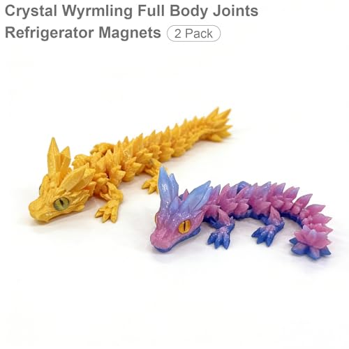 Crystal Dragon Wyrmling Refrigerator Magnet Set - Articulated Crystal-Like Decor, 2 Pack