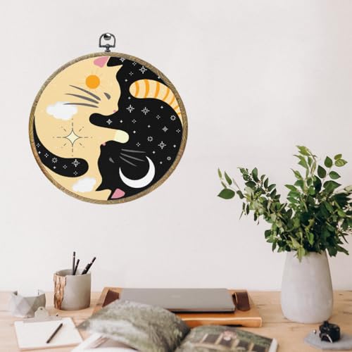 Black Cat Sun and Moon Round Wall Decor - 10.2x10.2 Inch Framed Canvas Art for Home & Office