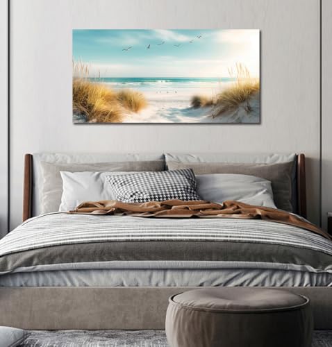 Beach Reeds Canvas Wall Art - Ocean Coastal Landscape for Living Room & Bedroom - 20x40 Inches