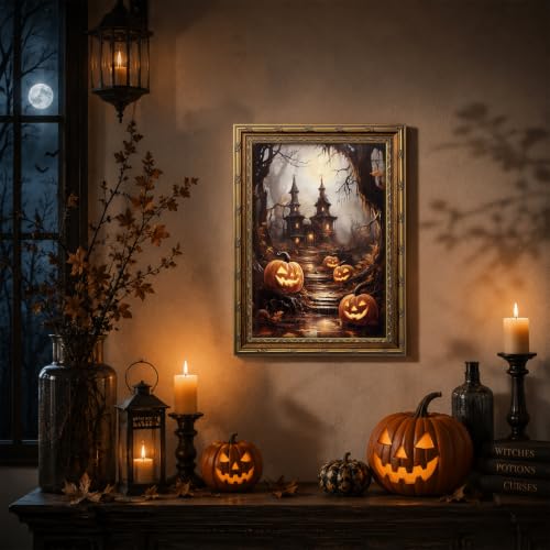 Haunted House Pumpkins Halloween Wall Art - Vintage Gold Framed Canvas, 24x16 Inches