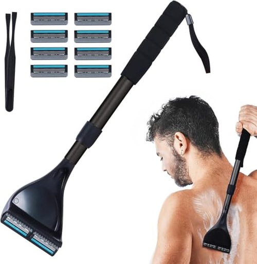 ETbyto Back Shaver for Men - Retractable Long Handle Back Hair and Body Shavers,Replaceable Multi-Layer Double Blades（8PCS）, Ergonomic DIY Wet or Dry Shaving Solution - Black