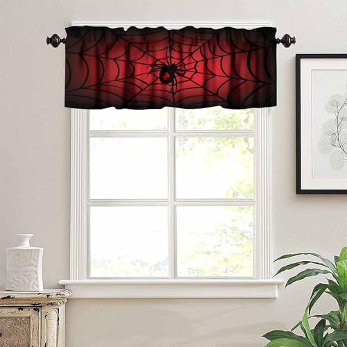 Halloween Kitchen Valances - Red & Black Spider Web Window Curtains, 54x18 Inches, Small Window Treatment, Rod Pocket Design