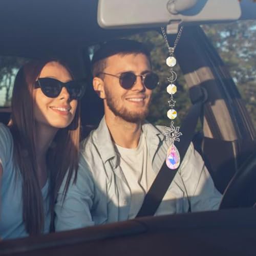 2 Pcs Car Rearview Mirror Charms Sun Star Moon Crystal Glass Pendant Boho Decor
