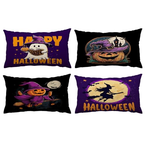 20 x 12 Inch Halloween Pillow Covers Set of 4 Pumpkin Ghost Witches Cushion Cases - Black Purple