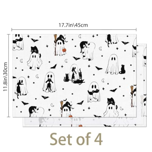 Halloween Farmhouse Placemats Set of 4 - Cats Ghosts Bat Washable Seasonal Table Decor