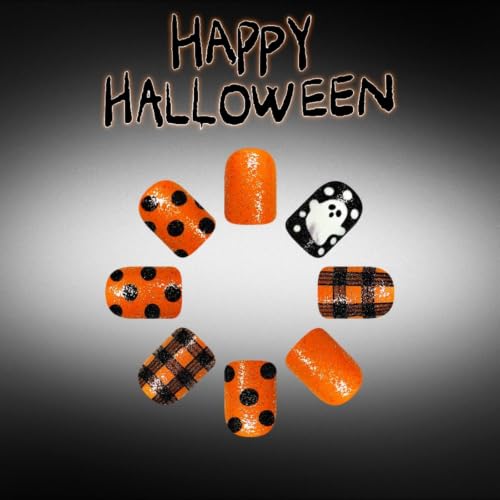 Halloween Short Square Press-On Nails with Orange Plaid & Ghost Design - Variation Hall16
