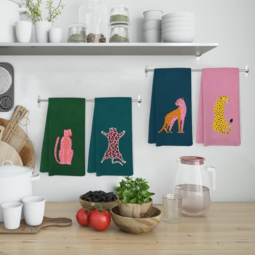 Set of 4 Preppy Cheetah Kitchen and Bathroom Towels - Pink Leopard Decor 16x24 Inches