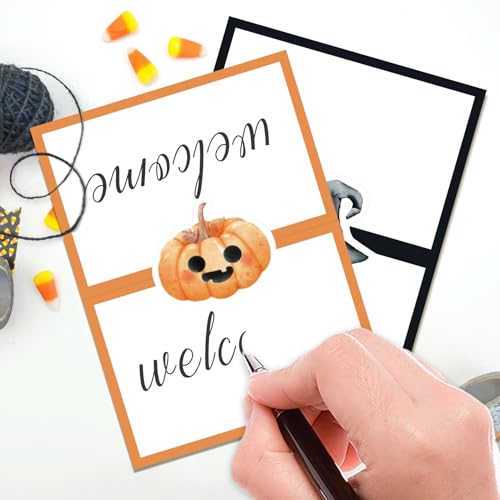 Halloween Buffet Food Labels - 48 Pack Folded Place Cards for Parties - Halloween Variation