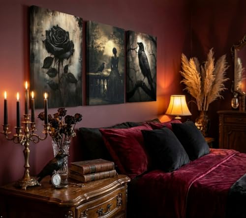 Crow Woman Gothic Canvas Wall Art Dark Academic Decor 16x24in Framed - Variation of Crow Woman / Wrapped Canvas / 24"L x 16"W