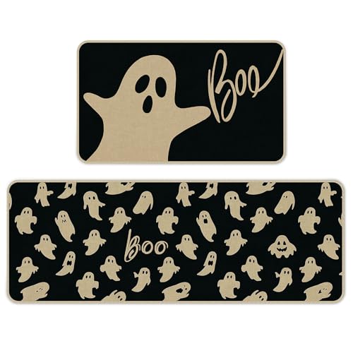 Halloween Kitchen Mat Set of 2 - Ghost & BOO Design, Black Variation
