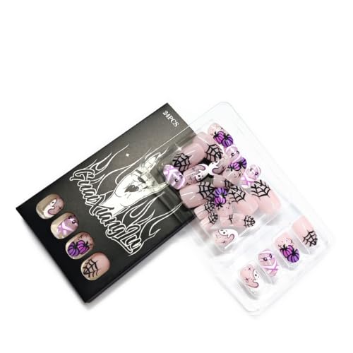 Halloween Short Almond Press-On Nails Set with Ghost Pumpkin Spider Web Mummy Design - HO09