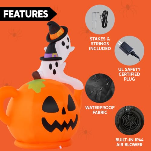 Halloween Inflatable Pumpkin Teapot with Ghosts, Lighted Yard Decor, 5ft Tall