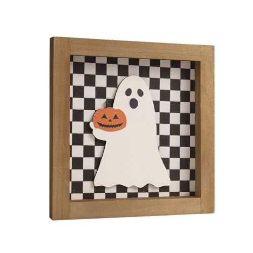 Black White Checkered Halloween Sign - 3D Ghost Pumpkin Home Decor - Variation: Black and White Checkered
