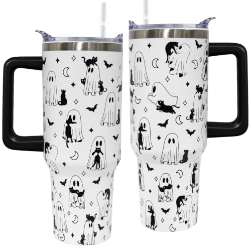 Halloween Ghost Cat Tumbler with Handle 40oz Insulated Water Bottle - Spooky Gift