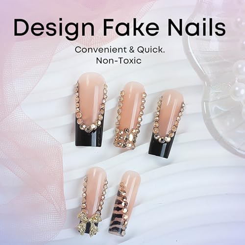 Extra Long Square Press-On Nails with Gold Bow & Rhinestones - Black French Tip - Hearts 2 Variation