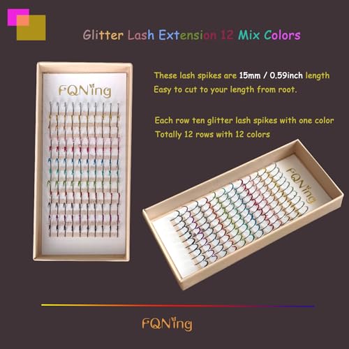 Glitter Lash Extensions Mix-12 Colors Sparkly Individual Spikes 15mm Long Lasting