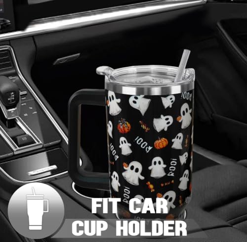 Halloween Tumbler with Handle 40oz - Cute Ghost Pumpkin Dark Aesthetic Travel Mug - Black Boo Variation