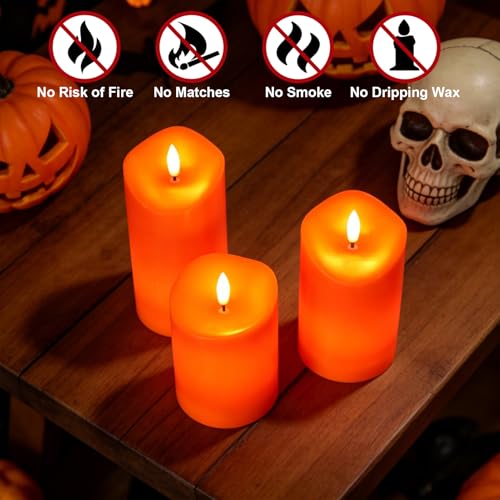 3 Pack Orange Flameless Battery Operated Pillar Candles with Remote Timer