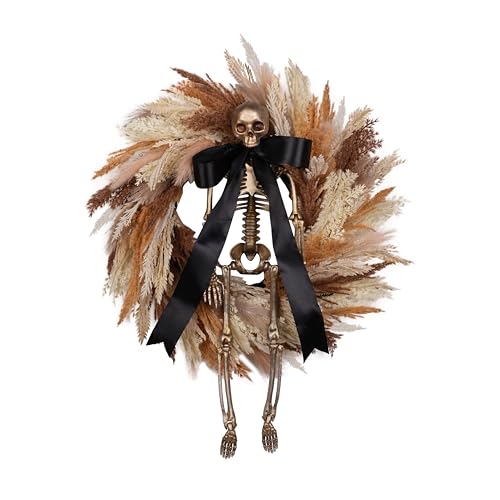 Halloween Wreath for Front Door 24 Inch with Skeleton, Faux Wheat & Pampas Grass, Black Bow - Indoor Outdoor Decor