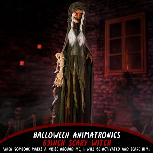Animated 69-Inch Talking Witch Halloween Prop with Sound & Light-Up Eyes