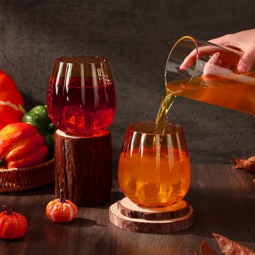 2 Pcs Fall Pumpkin Wine Glasses - Orange 17oz Stemless Glass Cups - Halloween & Thanksgiving Decor