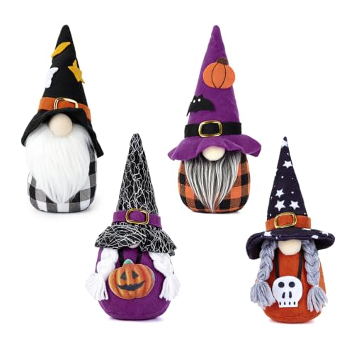 Halloween Gnome Decor Set - 4 Plush Hanging or Tabletop Gnomes for Fall & Holiday