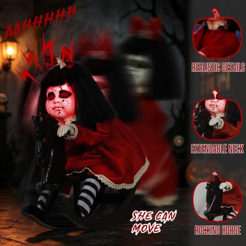 Red Halloween Animatronic Girl Doll on Rocking Horse with Lights & Sound - Indoor Outdoor Decor