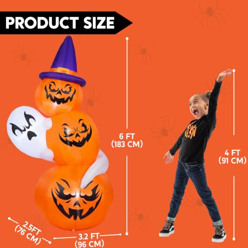 6 FT Halloween Inflatable Ghost and Pumpkin Decor with Witch Hat - Outdoor Halloween Decorations, White Ghost with Pumpkin Variation