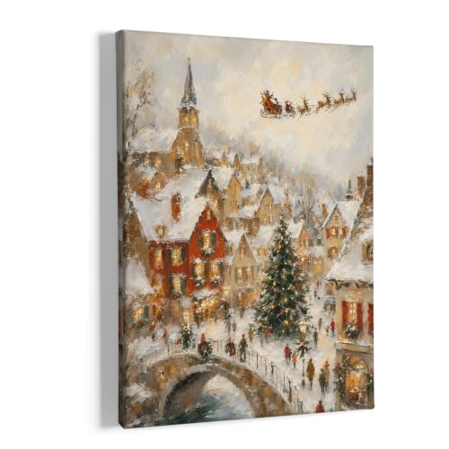 Christmas Village Wall Art Canvas Painting 11x14 Framed Holiday Decor - Tower Variant