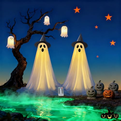 Big Ghost Halloween Light-Up Decorations - 4.76Ft Outdoor Indoor Spooky Decor with Witch Hat