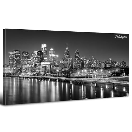 Philadelphia Skyline Wall Art Canvas - Black & White Cityscape, 48 x 24 Inches - Night View Cityscape Poster for Home & Office Decor