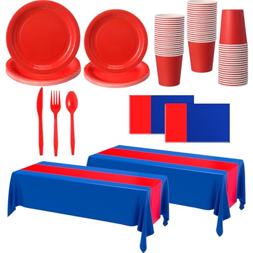Red and Blue Disposable Party Plates Napkins & Tablecloth Set for Birthdays