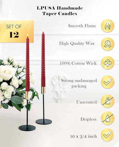 E-Burgundy Spiral Candles 10 Inch Unscented Dripless Taper Candlesticks - 12 Pack