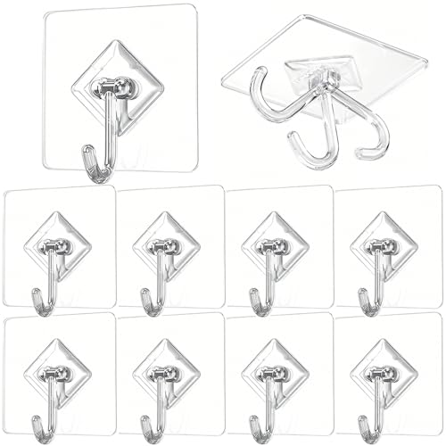 Large Waterproof Adhesive Wall Hooks 10-Pack for Holiday & Home Decor - Clear