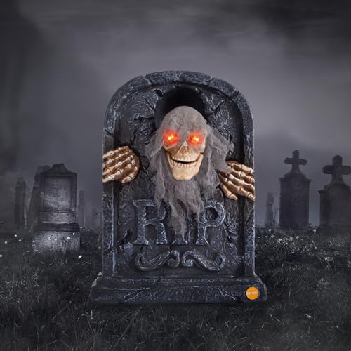 ELAMAS Halloween Animatronic Zombie Tombstone - 1 Pack, Sensor-Activated Skeleton Decor with Creepy Sound, Light Up Eyes, Outdoor Indoor Spooky Prop