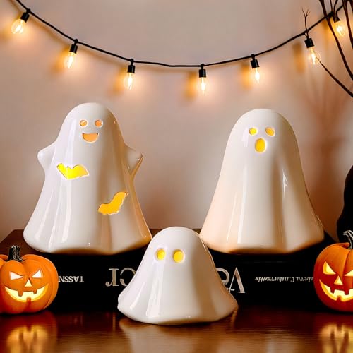 Halloween Ceramic Ghost Figurines with LED Lights - 3 Pack Spooky Decor for Home & Party
