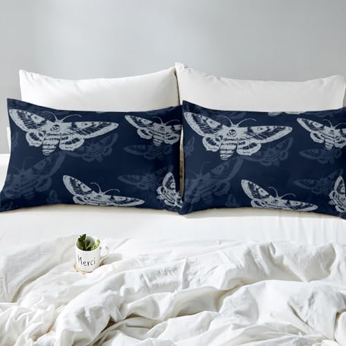 Full Size Boho Moth Bed Sheets Set - Navy Blue & White, Fitted & Flat Sheets