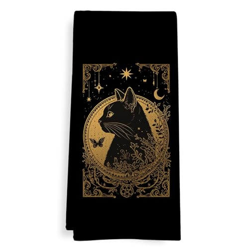 Gothic Tarot Cat Kitchen Towels - Witchy Black Gold Dish Hand Towels - Cat Variation